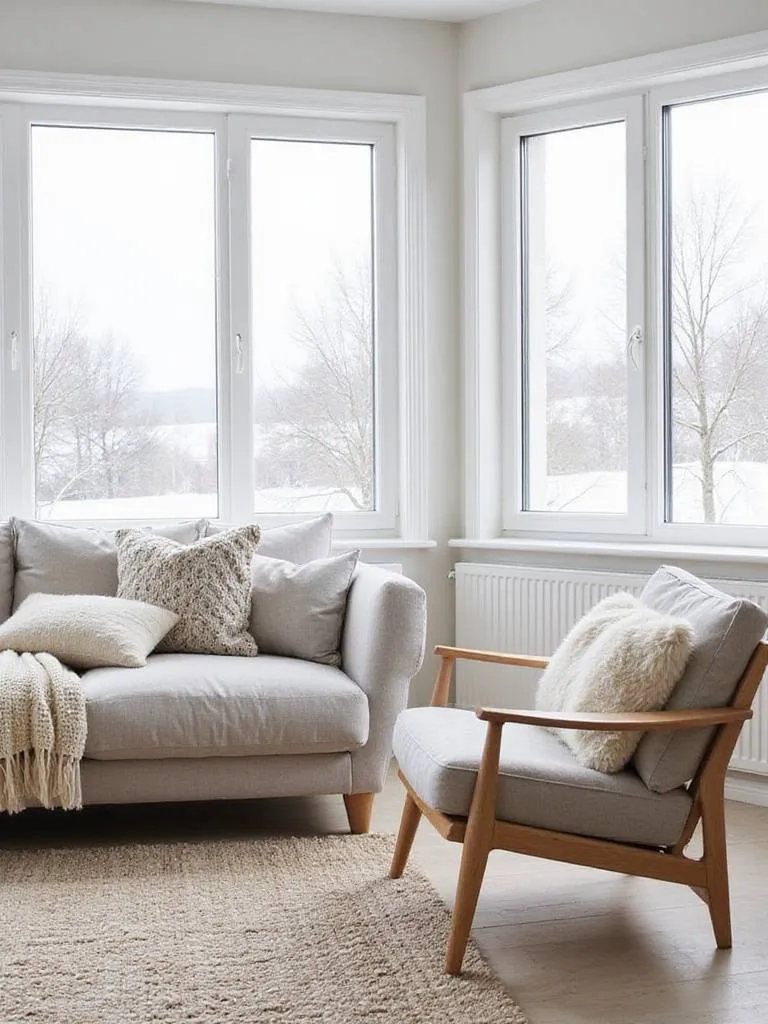 Scandinavian living room featuring layered textures of wool, linen, and sheepskin for a cozy and inviting atmosphere.