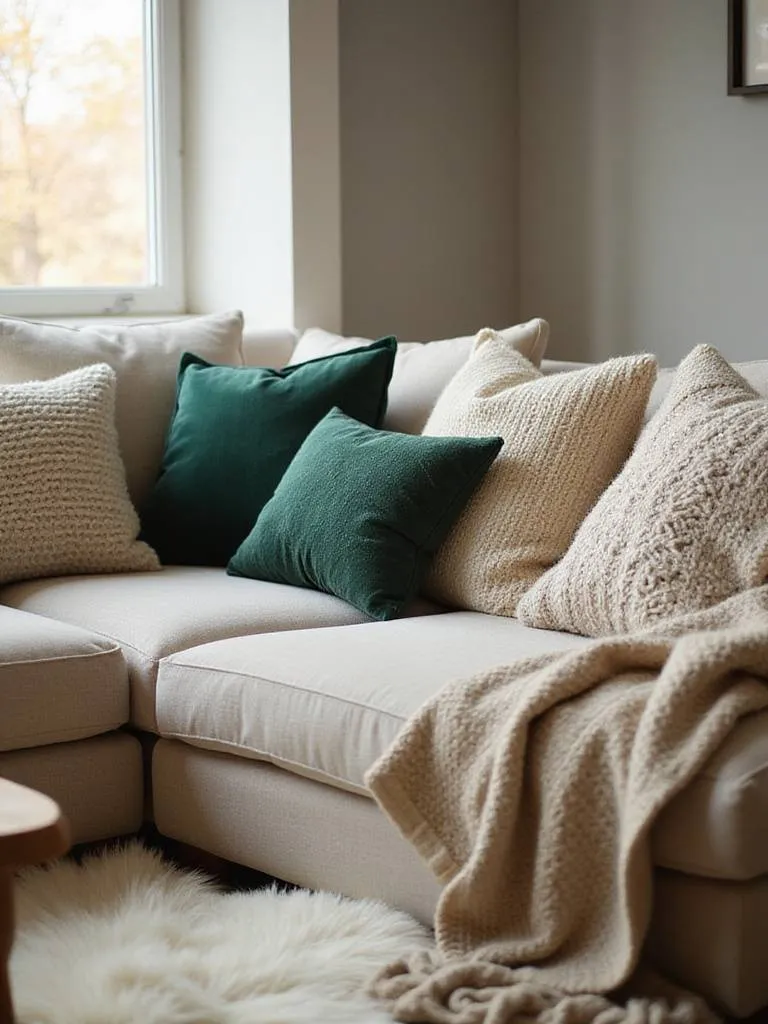 Cozy living room with layered textures including linen sofa, velvet and knit pillows, and sheepskin rug.
