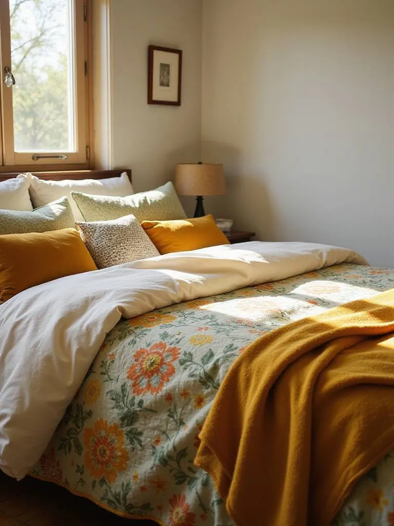 Vintage bedroom with layered bedding and quilt