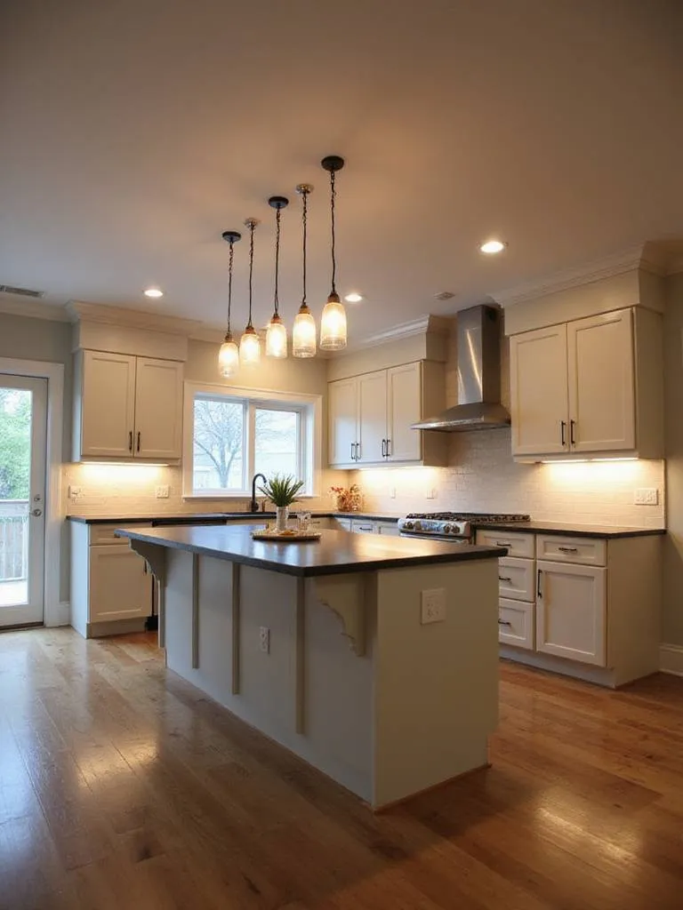 Modern kitchen island with layered lighting: pendant lights, under-cabinet lights, and recessed lighting.