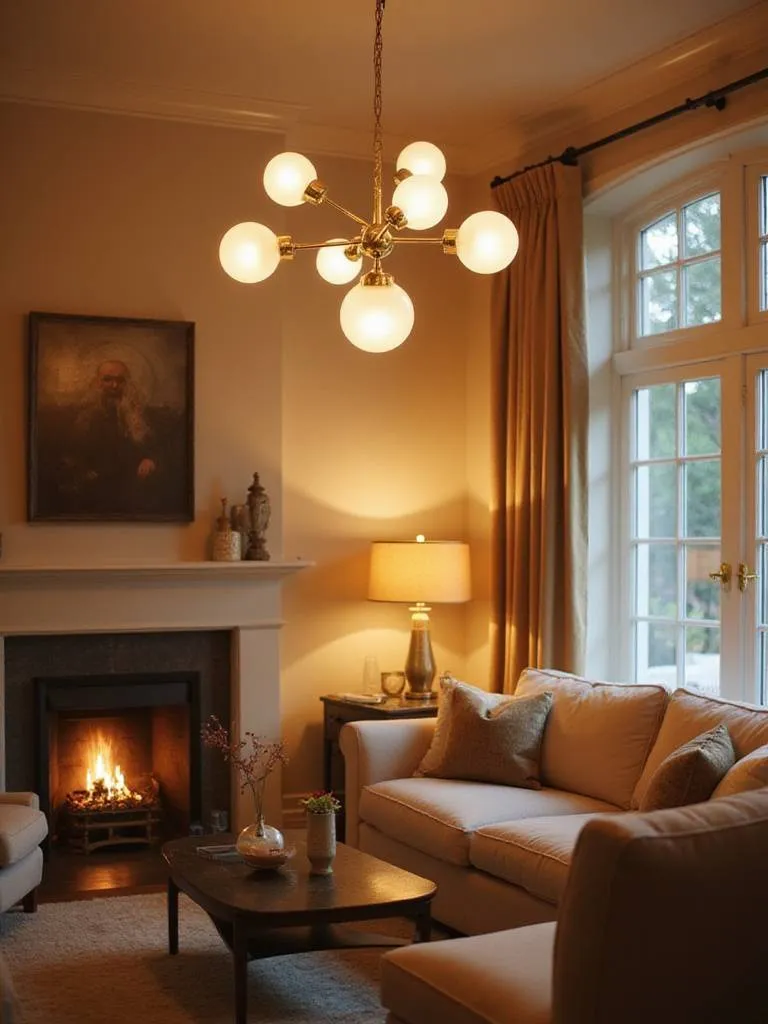 Cozy living room with a modern gold and glass orb chandelier creating a warm and inviting ambiance.