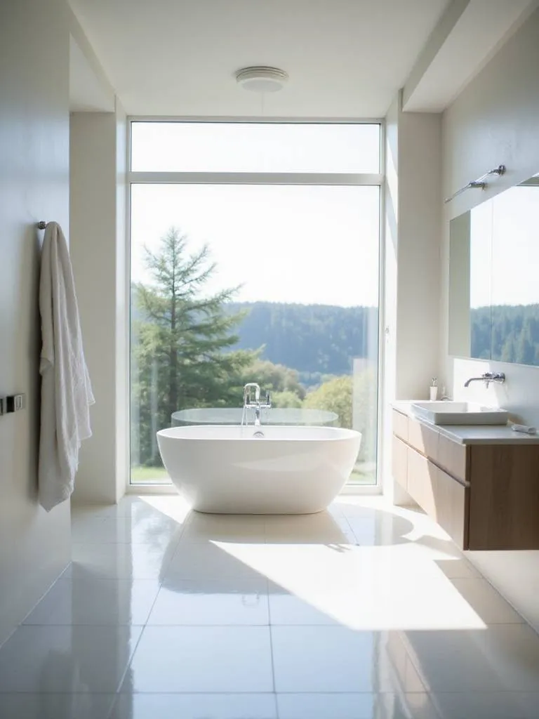 Bright and airy modern bathroom with large window and natural light