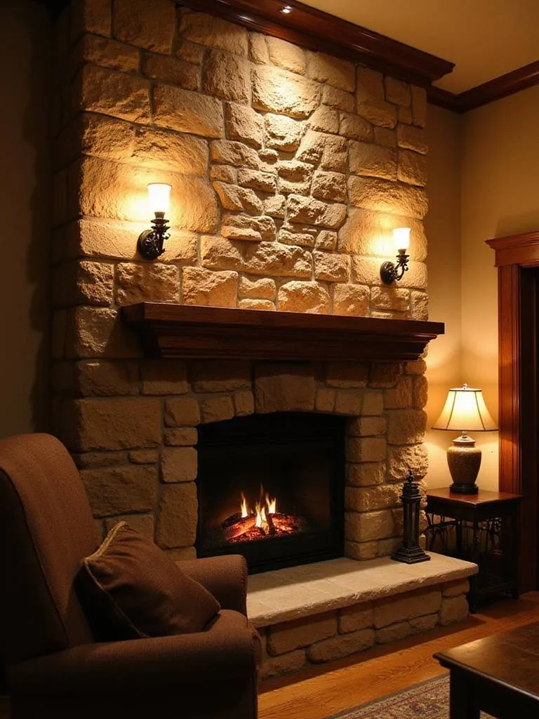 Living room with stone fireplace illuminated by sconces, uplighting, and recessed lighting.