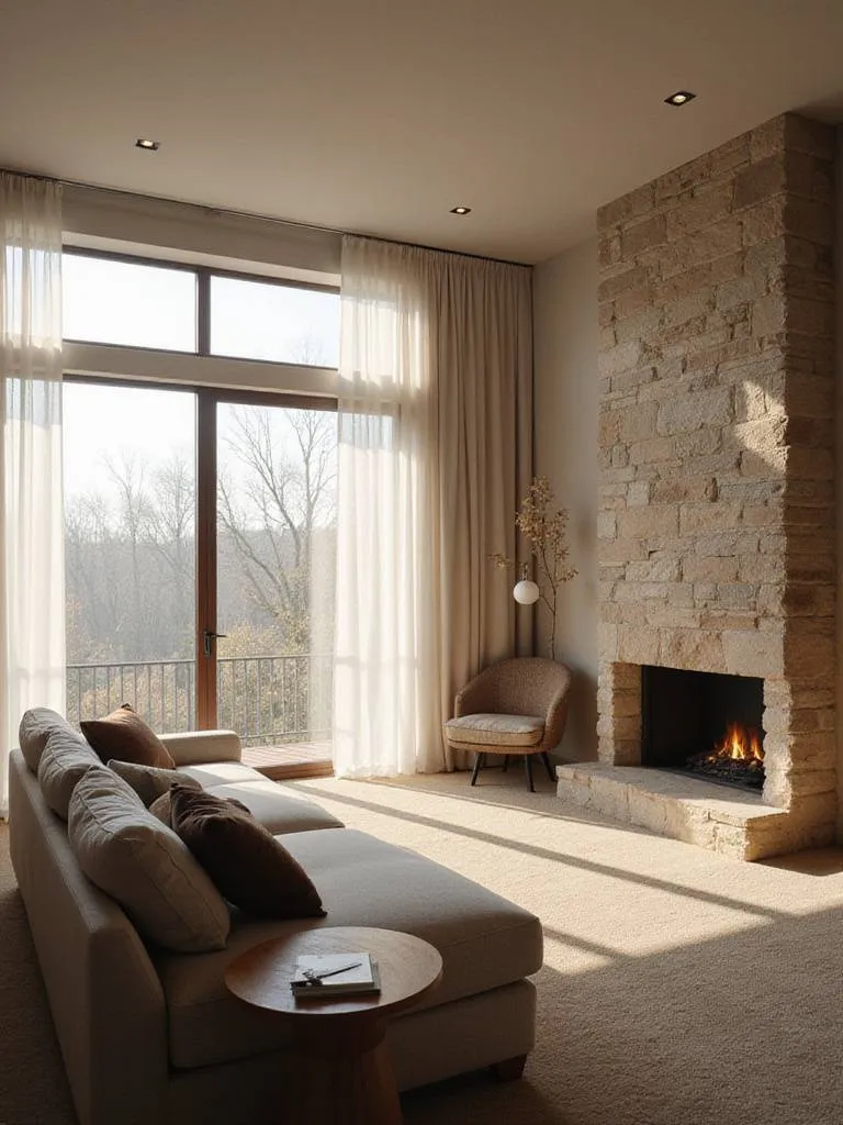 Modern living room with balanced natural light and fireplace warmth.