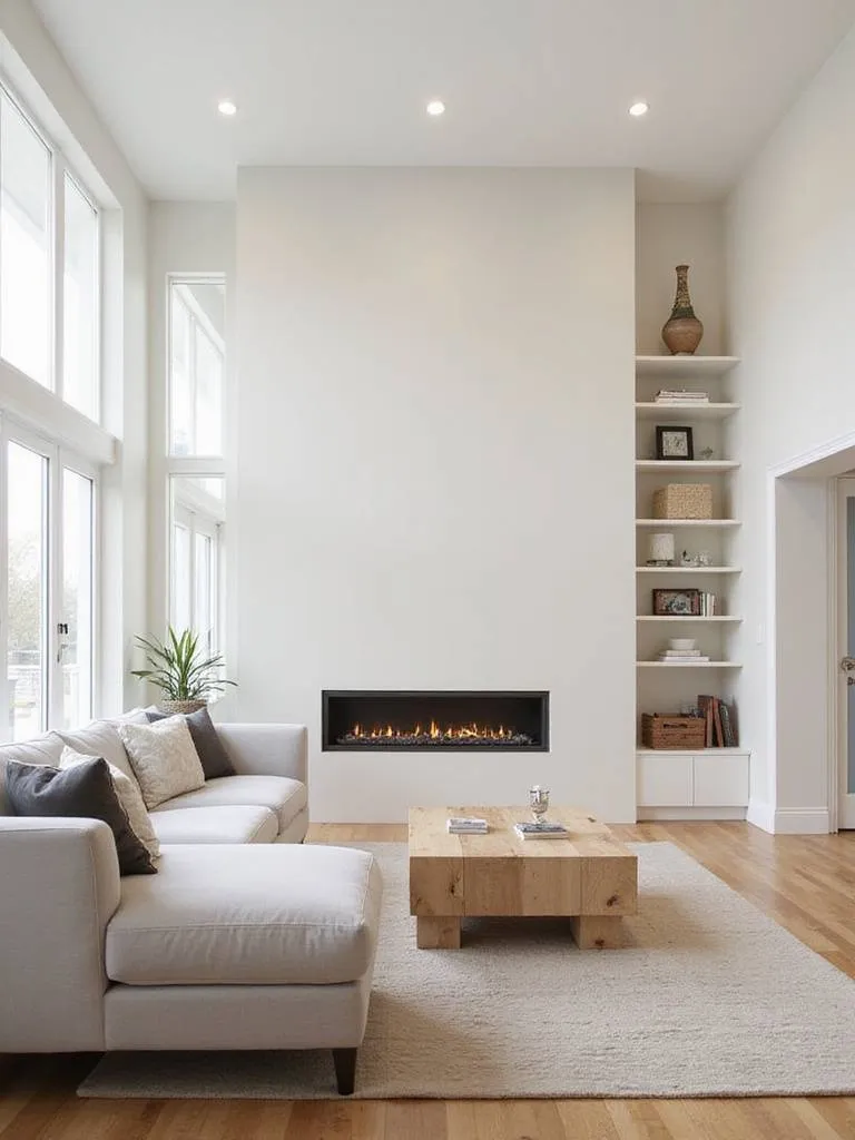 Living room layout with a modern gas fireplace centered on a long wall, flanked by bookshelves, and a grey sectional sofa.