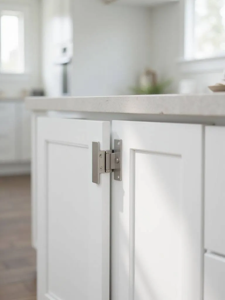 Modern kitchen cabinet with a magnetic catch visible on the frame as the door is slightly open.