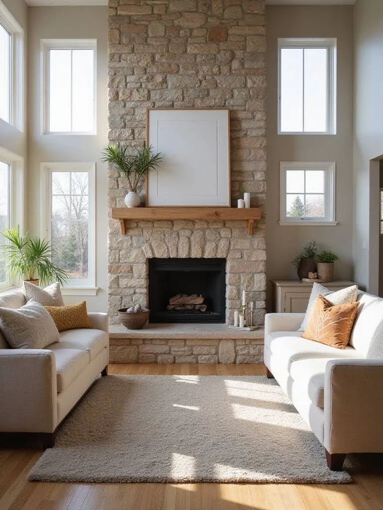 Cozy living room with a stone fireplace as the focal point, featuring a symmetrical furniture layout and natural light.