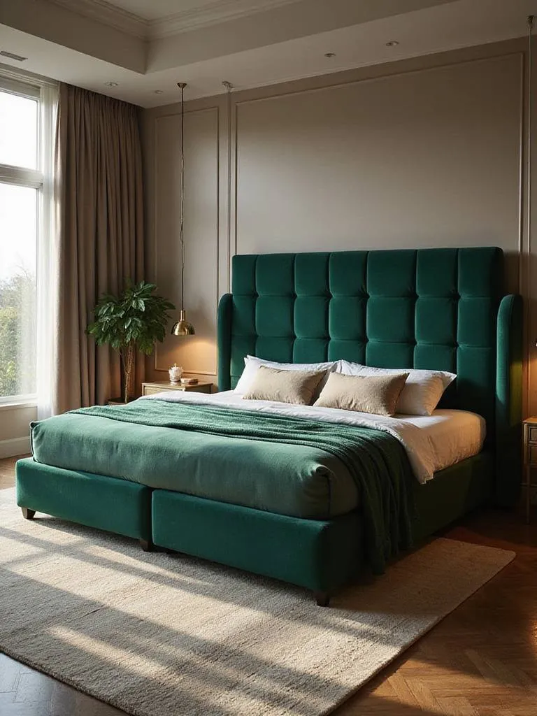 Oversized velvet headboard in emerald green in a modern master bedroom