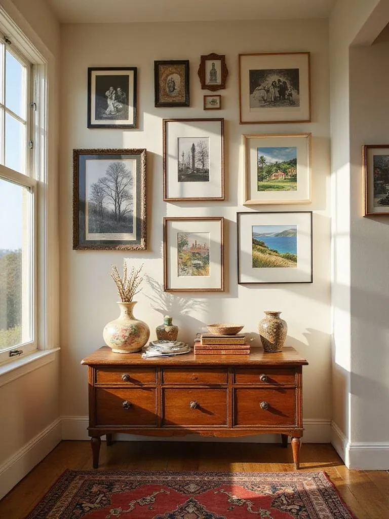 Cozy living room with a personalized gallery wall showcasing family photos and travel mementos on a wooden console table.