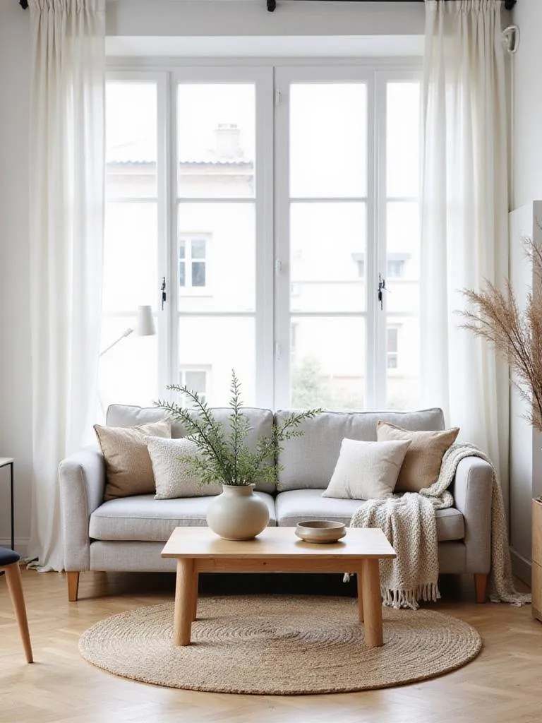 Scandinavian living room with white walls, grey sofa, and beige accents