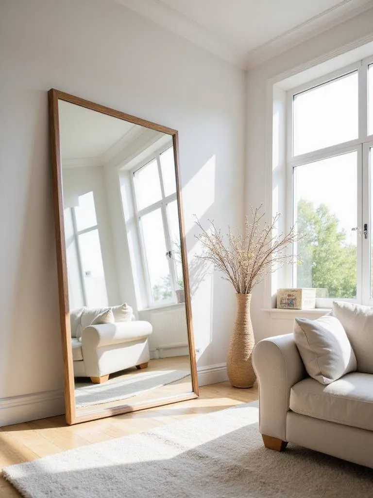Bright living room with large mirror reflecting natural light and outdoor view.