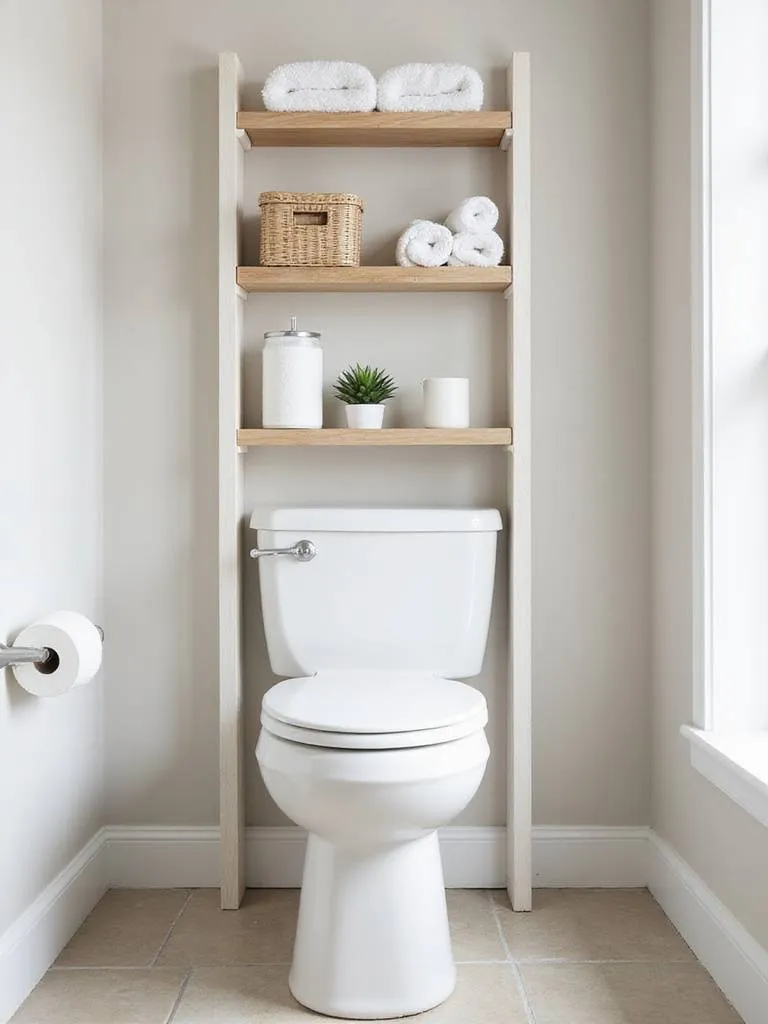 Over-the-toilet shelf unit in a bathroom, showcasing maximized vertical storage with organized towels, storage baskets, and decorative items.