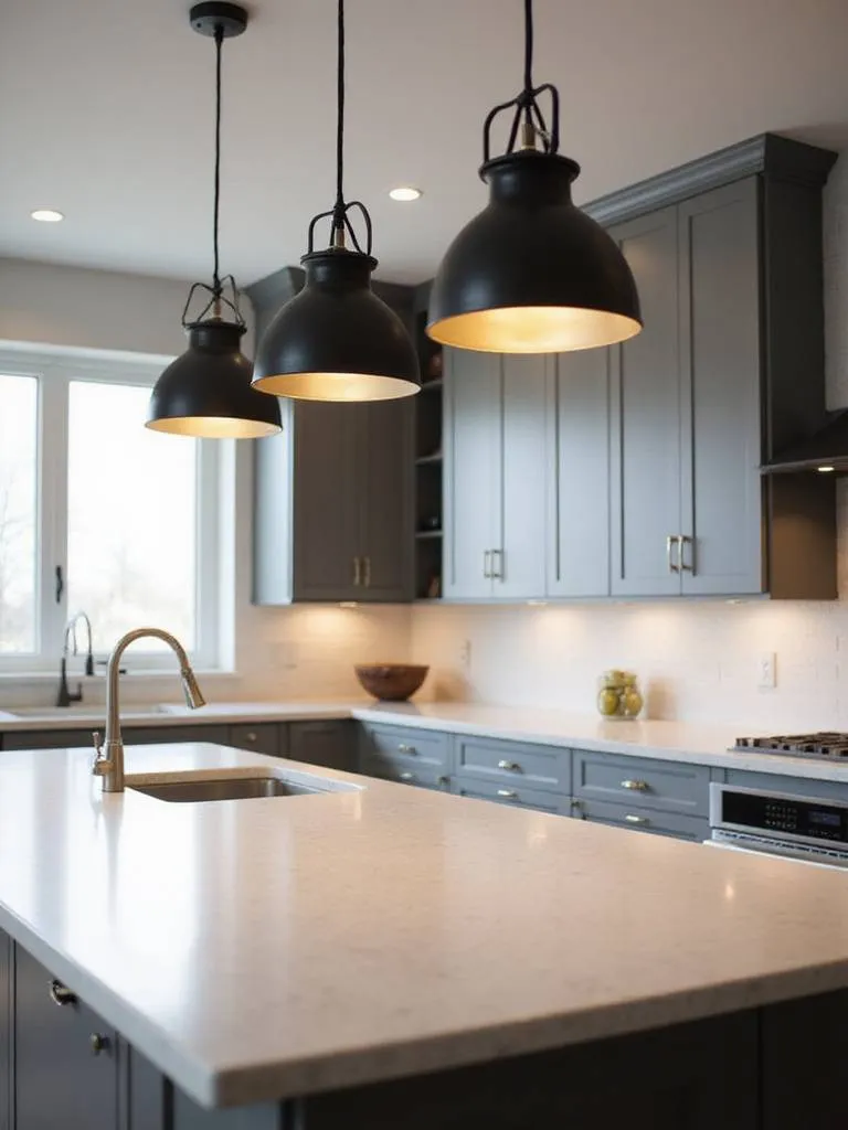 Modern kitchen island with matte black metal pendant lights