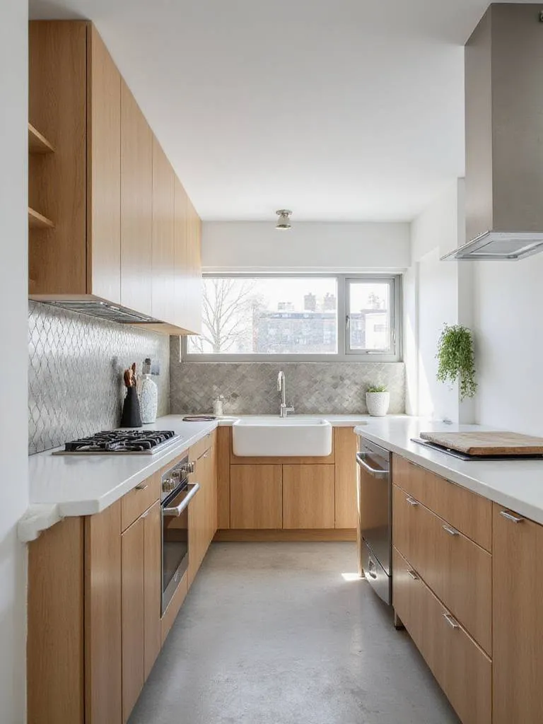 Modern kitchen with stainless steel herringbone backsplash