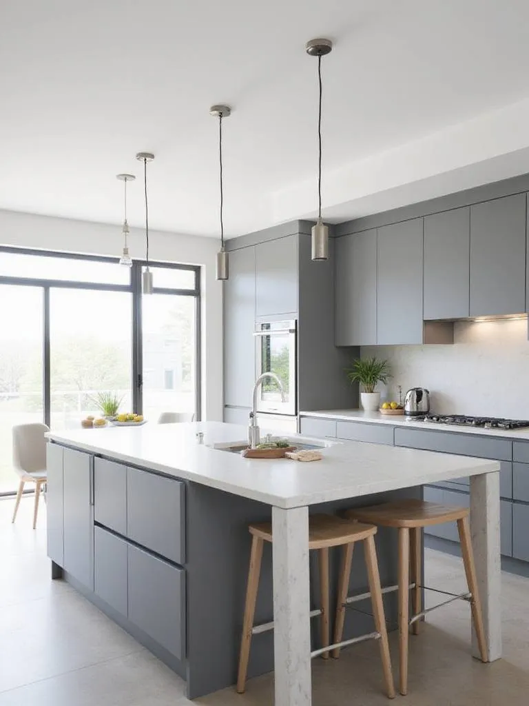 Minimalist kitchen island lighting with three cylindrical pendant lights in a modern kitchen.