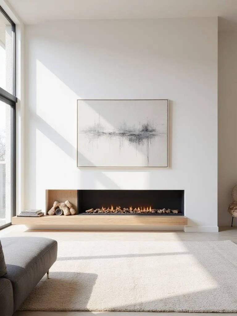 Minimalist living room with modern fireplace and light wood mantel shelf.
