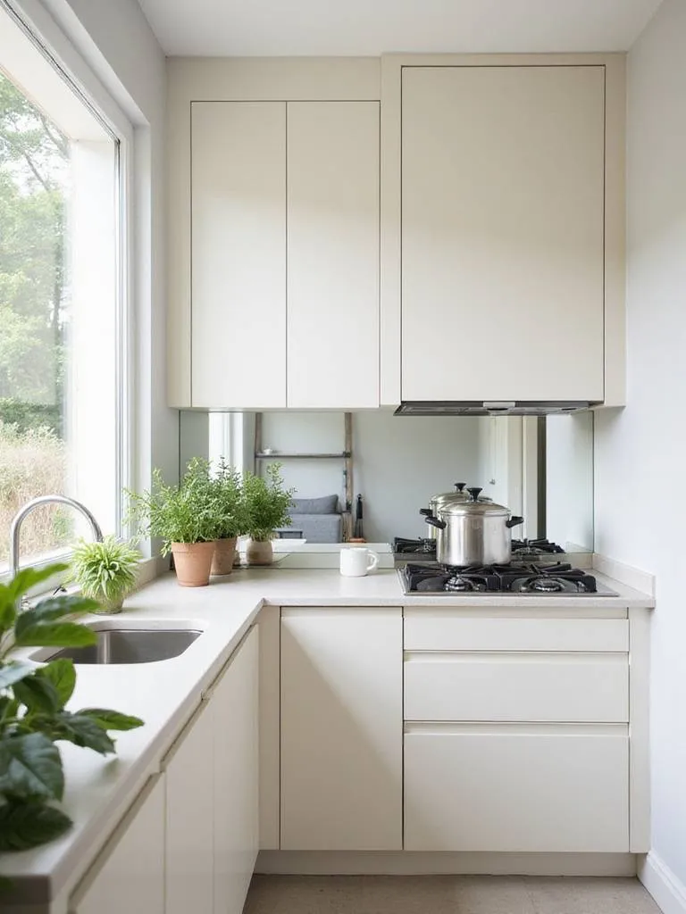 Small kitchen design with mirrored backsplash and large mirror reflecting natural light.