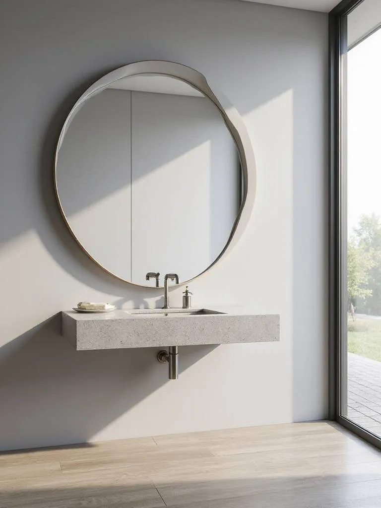 Modern bathroom with oversized organically shaped mirror above vanity