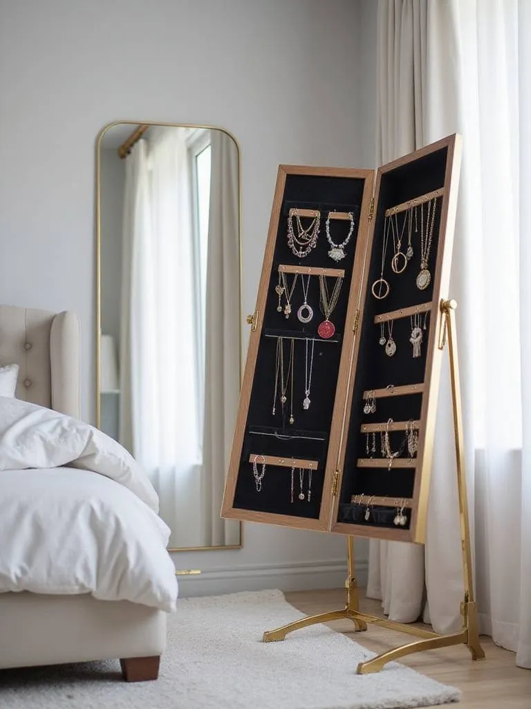Full-length mirror with hidden jewelry storage in a modern bedroom.