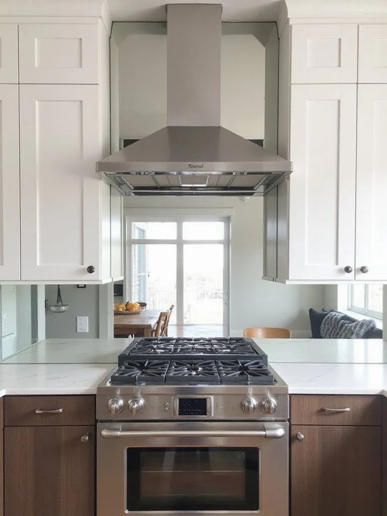 Modern kitchen with mirrored backsplash reflecting light and creating a sense of spaciousness.