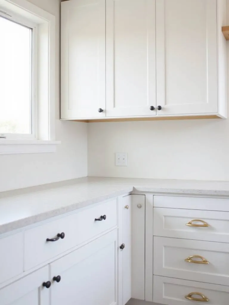 White kitchen cabinets with mixed hardware: matte black knobs on upper doors and brushed brass pulls on lower doors and drawers, creating a unique and personalized look.