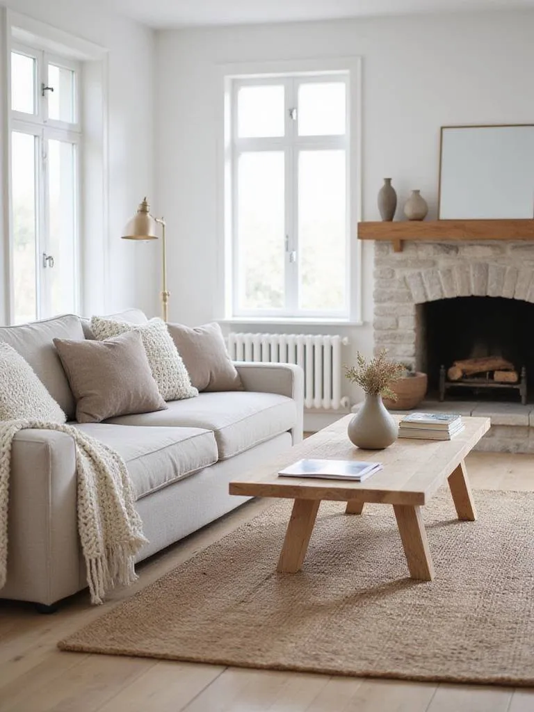 Scandinavian living room with wood, stone, and textile elements creating a harmonious and natural atmosphere.