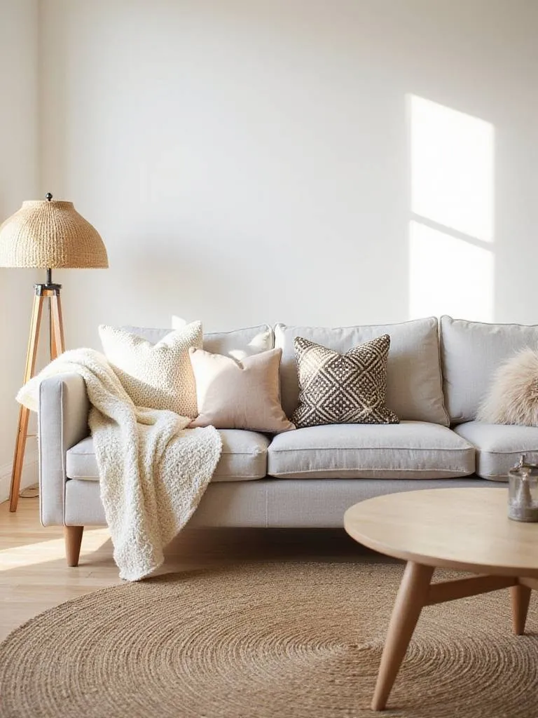 Living room showcasing a mix of textures including linen, knit, velvet, jute, and wood to create a cozy and inviting space.