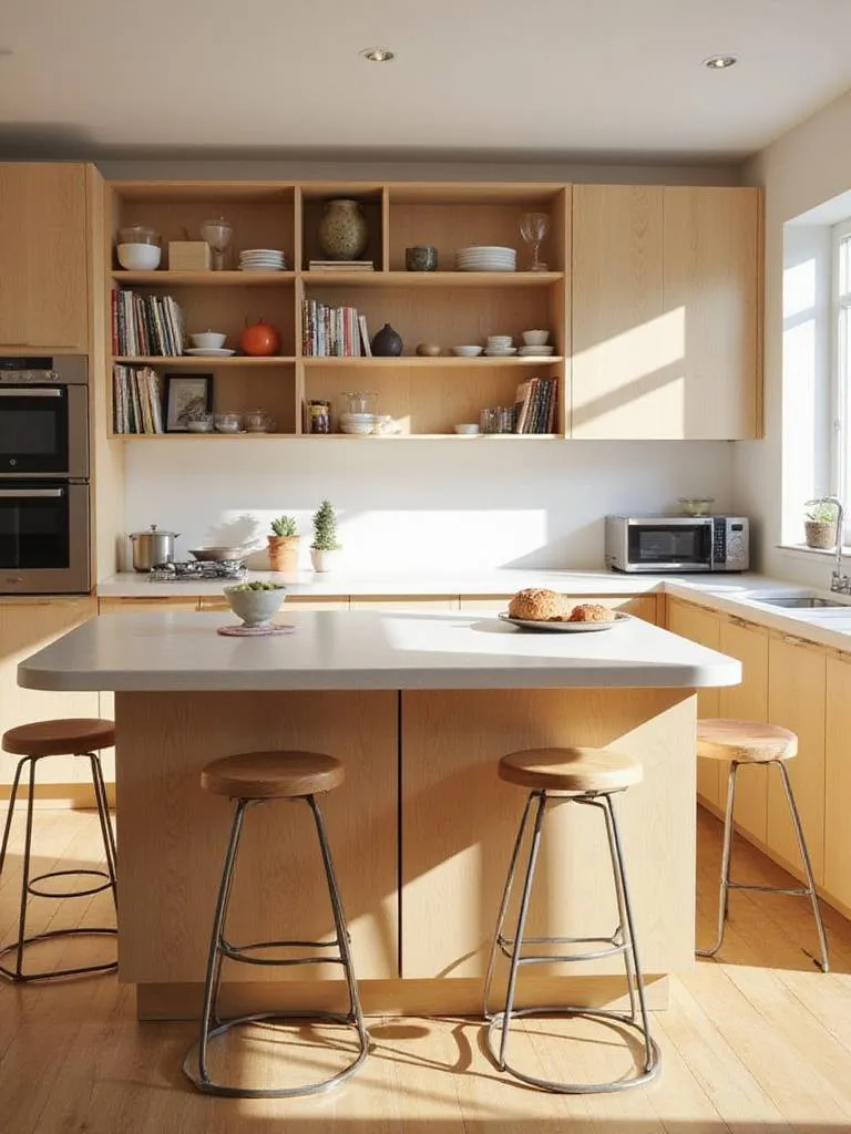 Small kitchen with multi-functional island featuring storage, seating, and a built-in microwave.