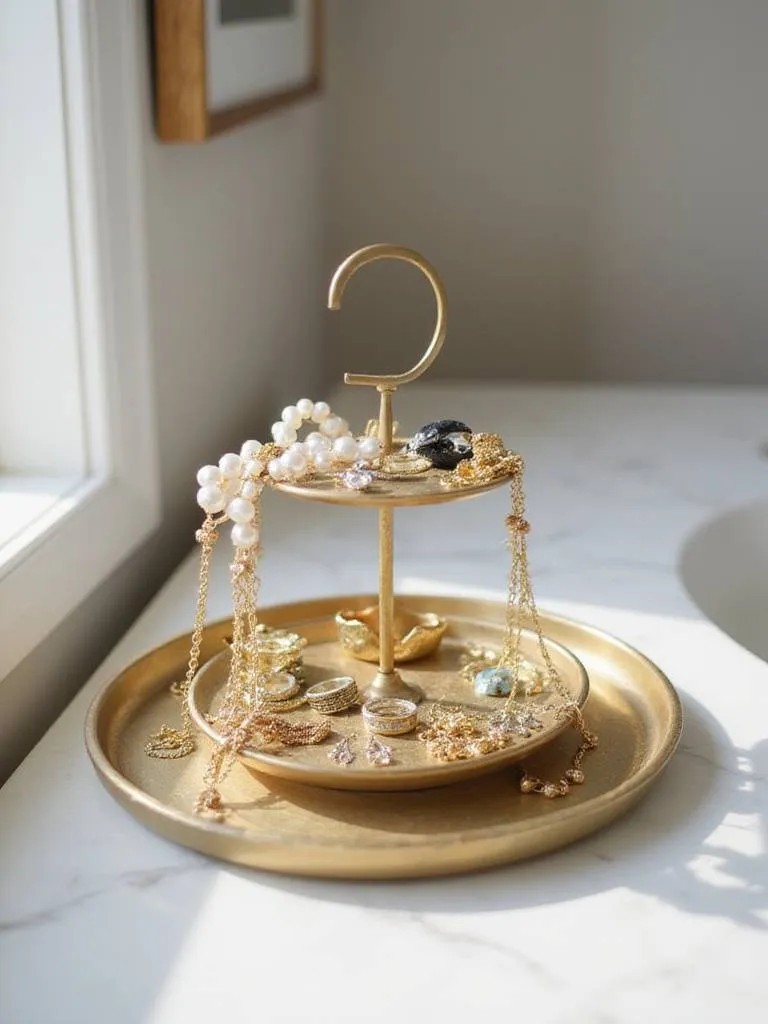 Multi-tiered brass tray holding jewelry on a marble vanity.