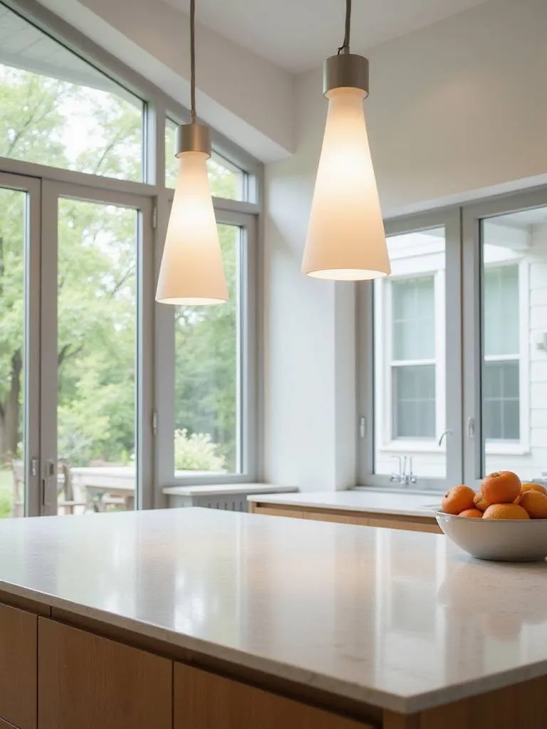 Kitchen island pendant lighting complementing natural daylight streaming through large windows.