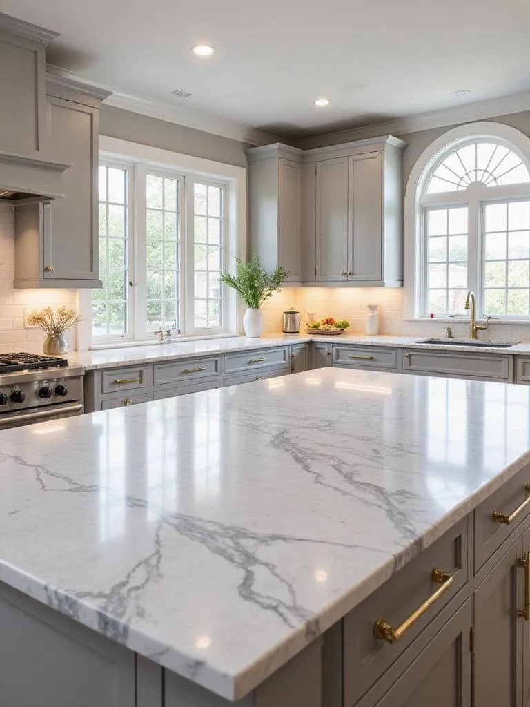 Luxurious kitchen with marble island countertop and grey cabinets.