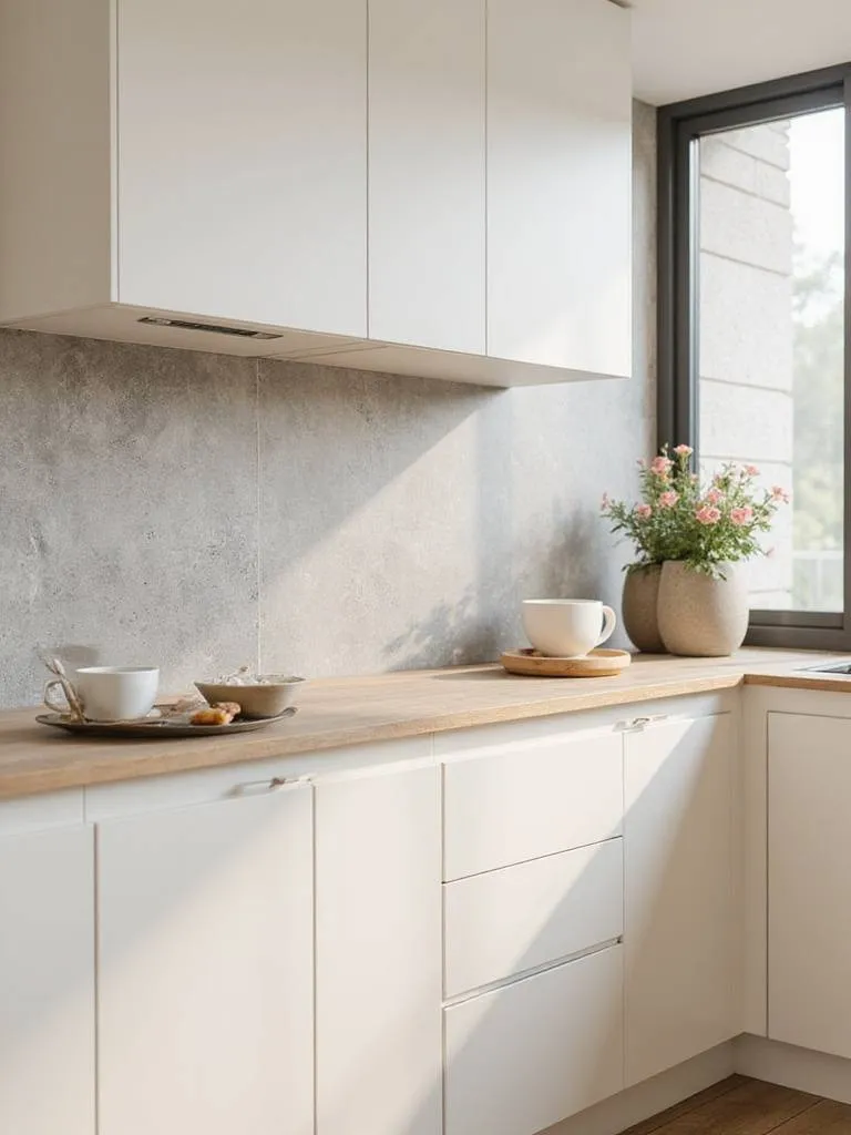 Organic modern kitchen with light grey limestone backsplash
