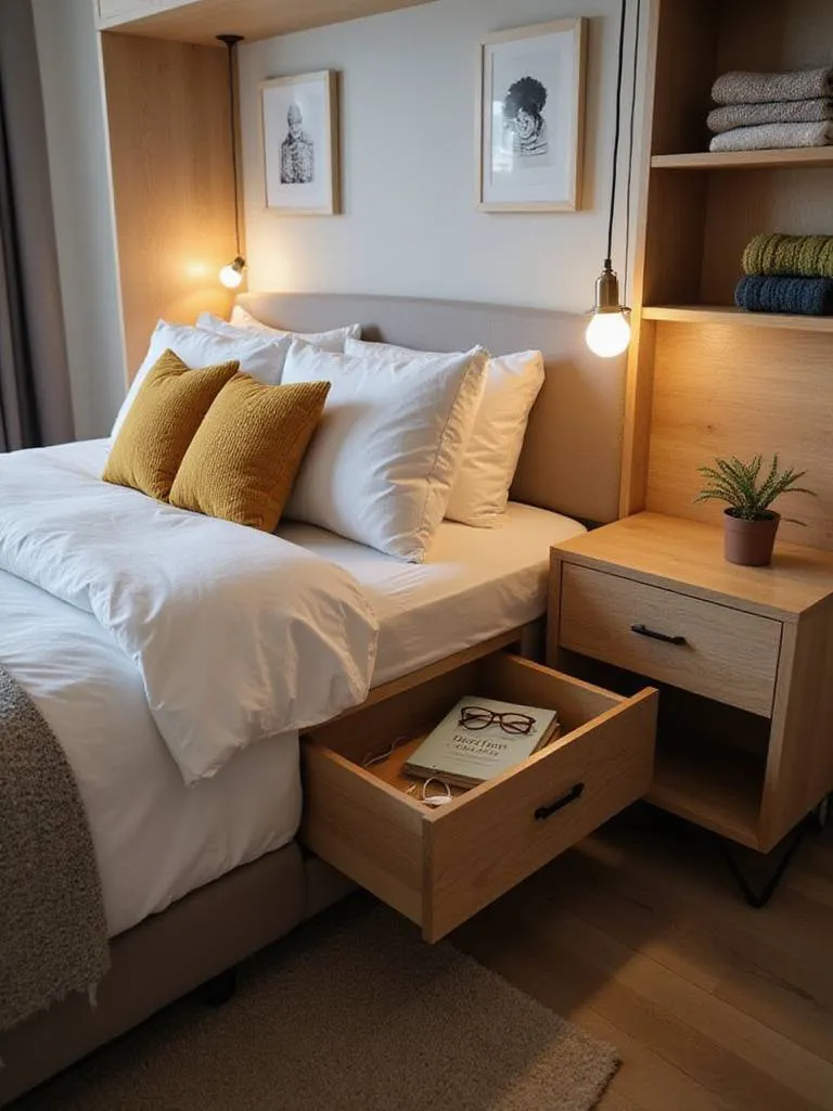 Bedroom with stylish nightstands featuring drawers and shelves for storage.