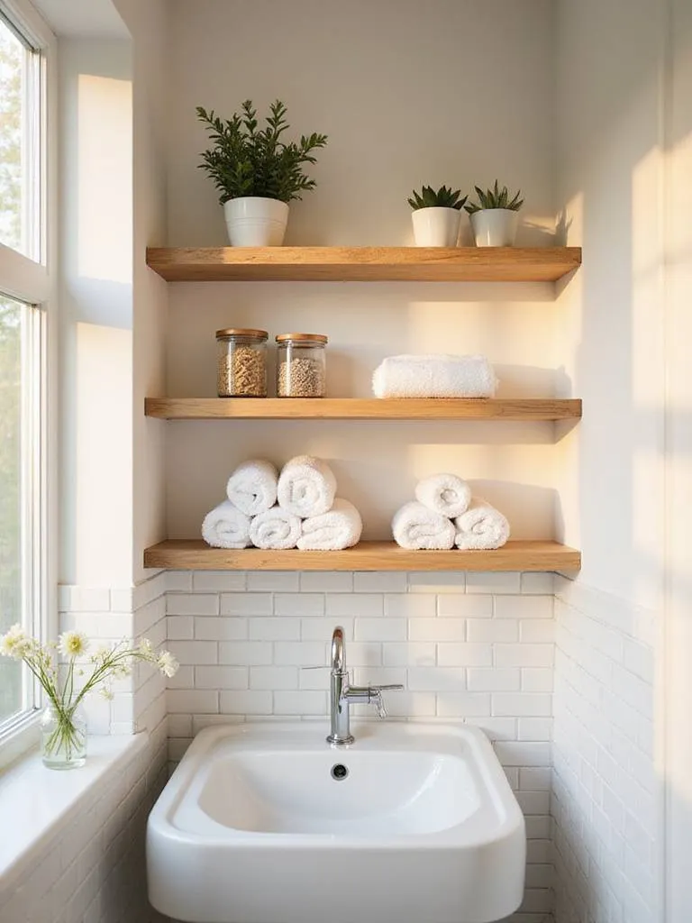 Bathroom with open wooden shelving displaying towels, plants, and bath accessories