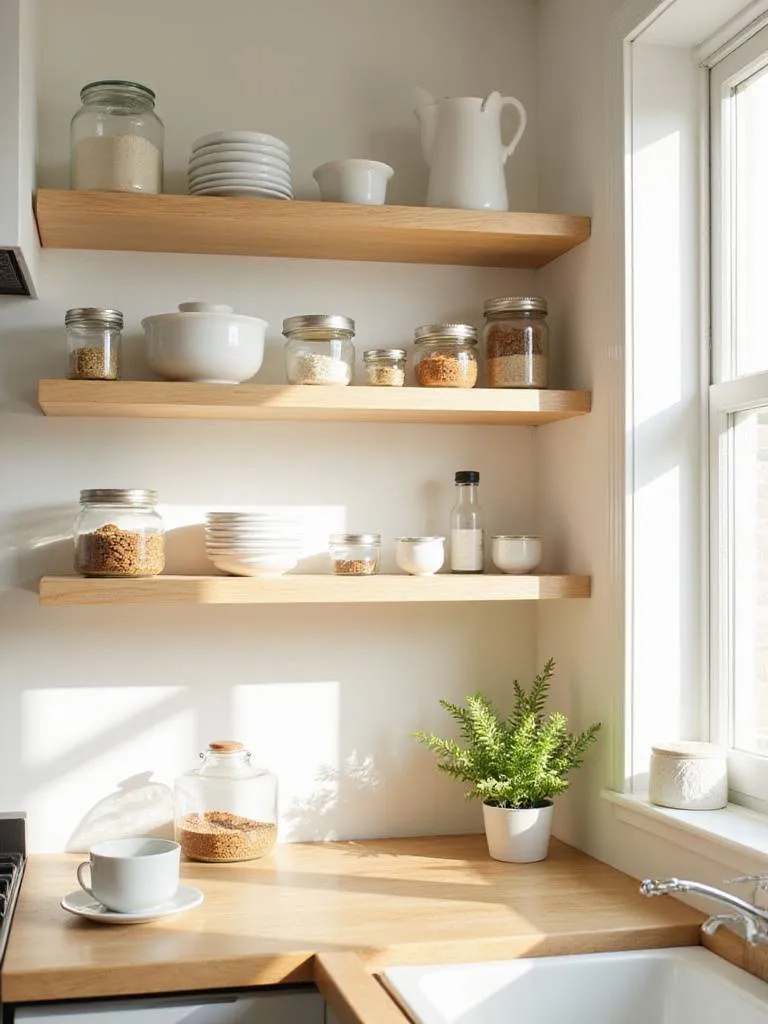 Small kitchen with light wood open shelving displaying white dishes and herbs.