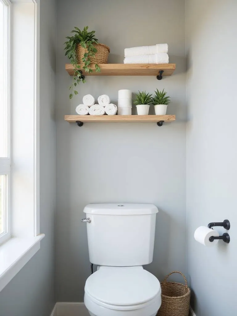 Open wooden shelves mounted above a toilet in a modern bathroom, holding rolled towels, plants, and toilet paper for easy access.