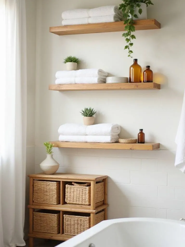 Sustainable bamboo shelving and storage in a bright, organic bathroom.