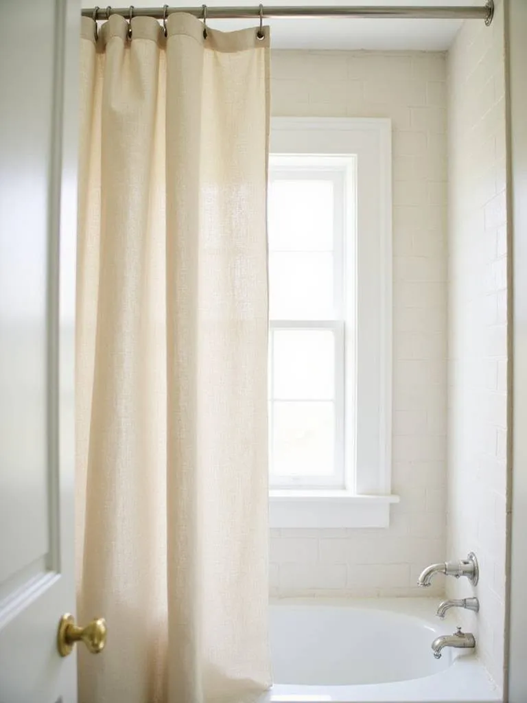 Linen shower curtain in a natural bathroom setting