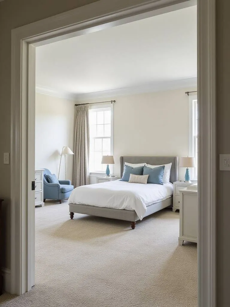 Master bedroom layout optimizing flow and functionality with reading nook and ample space.