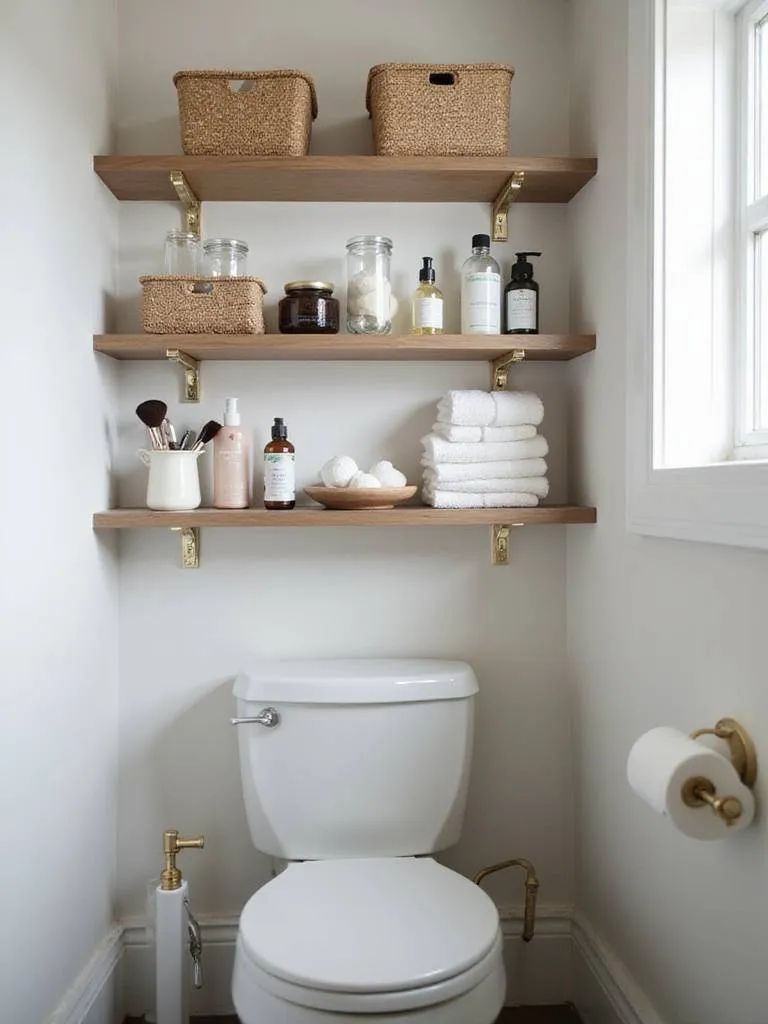 Modern bathroom shelf unit installed over a toilet, neatly organized with toiletries and beauty products in baskets, jars, and trays.