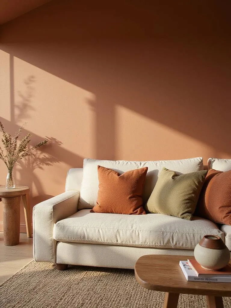 Cozy living room with warm terracotta walls, cream-colored sofa, and natural textures.