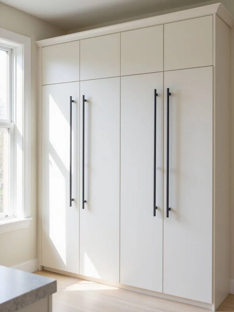 Tall kitchen pantry cabinets with modern extra-long matte black bar pulls installed vertically. Illustrates functional and stylish hardware for large pantry doors.