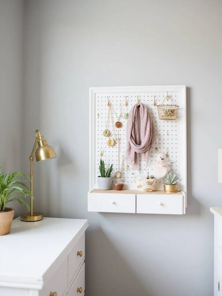 Bedroom pegboard organizer displaying jewelry, scarves, and small plants.