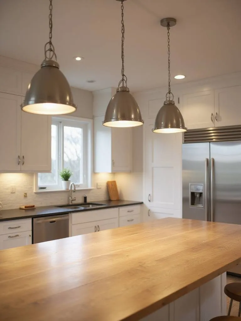 Modern kitchen island with three brushed nickel pendant lights providing illumination.