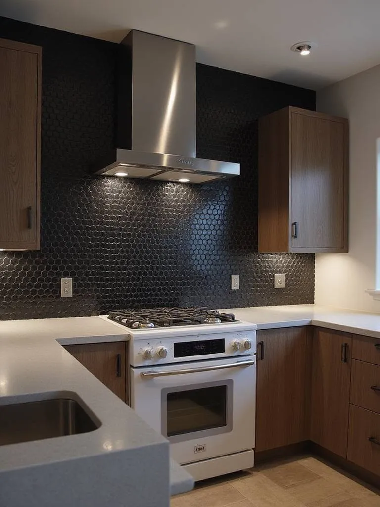 Modern kitchen backsplash featuring matte black penny tiles paired with stainless steel appliances and dark wood cabinetry.