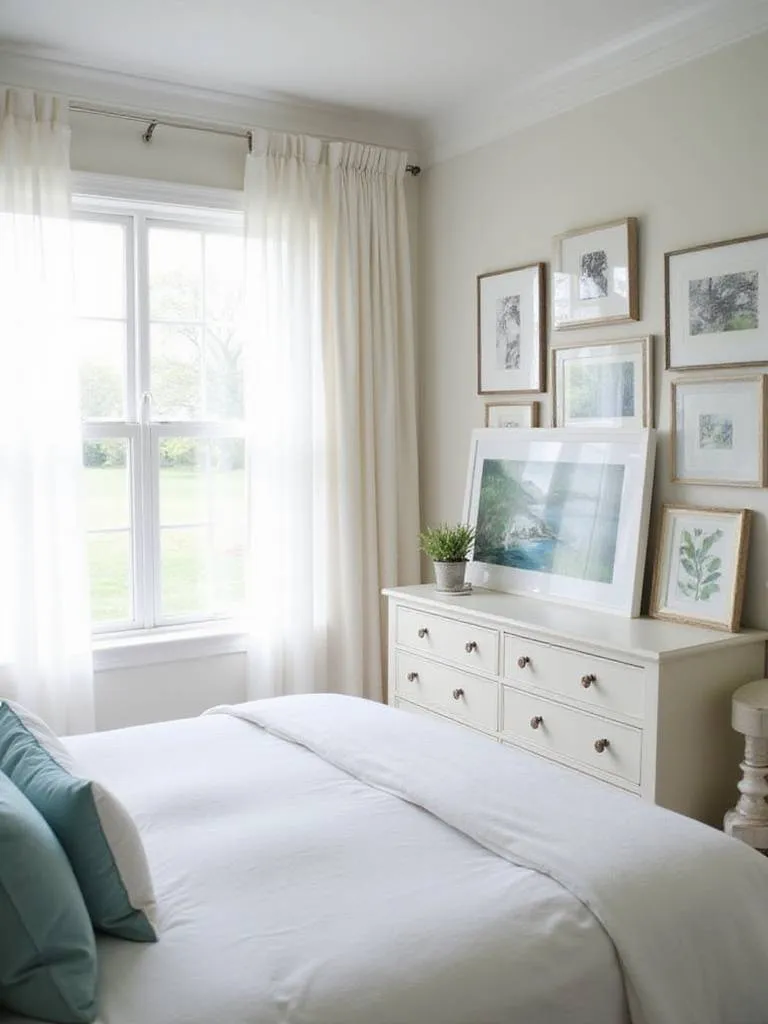 Master bedroom with gallery wall of framed photos and artwork.