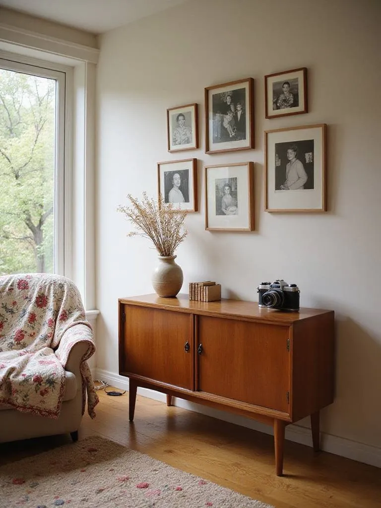 Living room with gallery wall of family photos and antique furniture