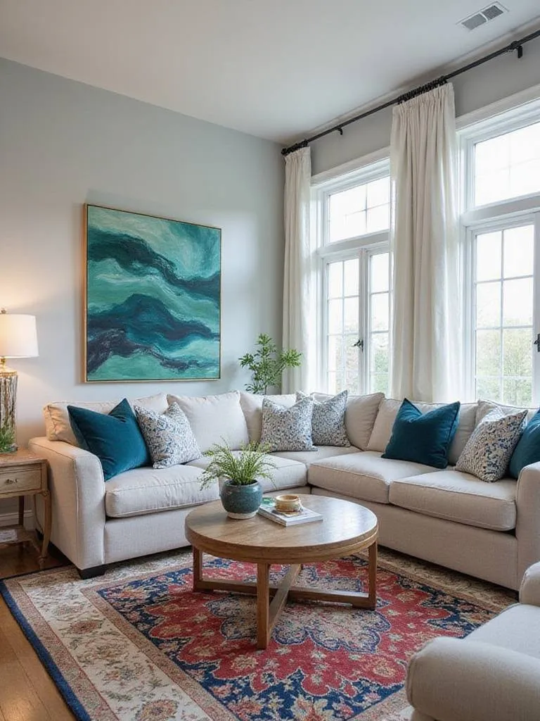 Living room with neutral walls and sofa, accented with bold emerald green and sapphire blue artwork, pillows, and rug.