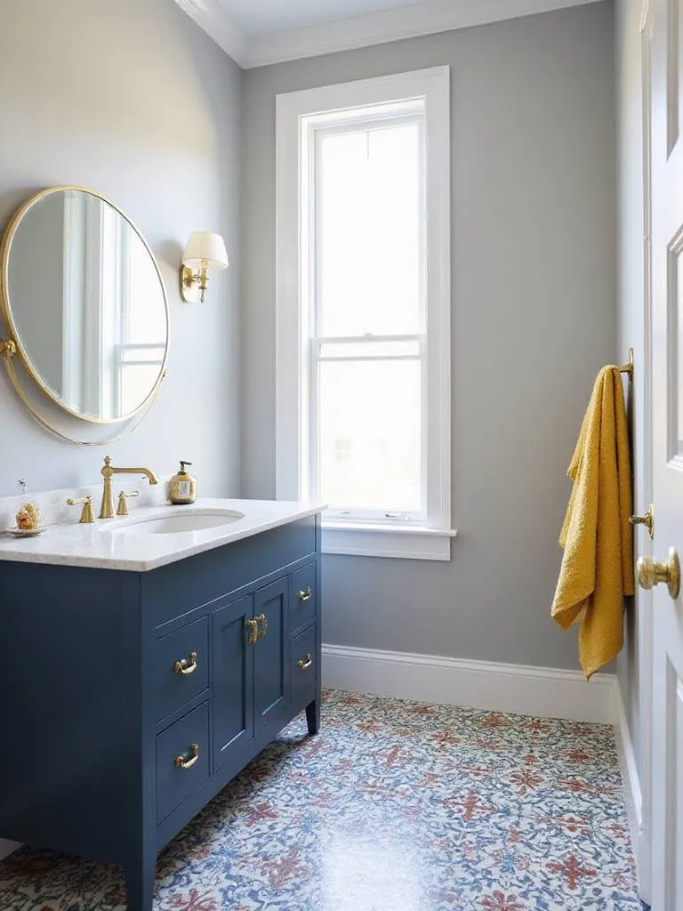 Modern bathroom interior with navy blue vanity, patterned tile floor, and a pop of yellow from a towel.
