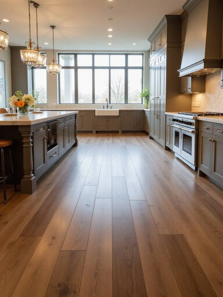 Luxurious kitchen with wide plank walnut hardwood flooring